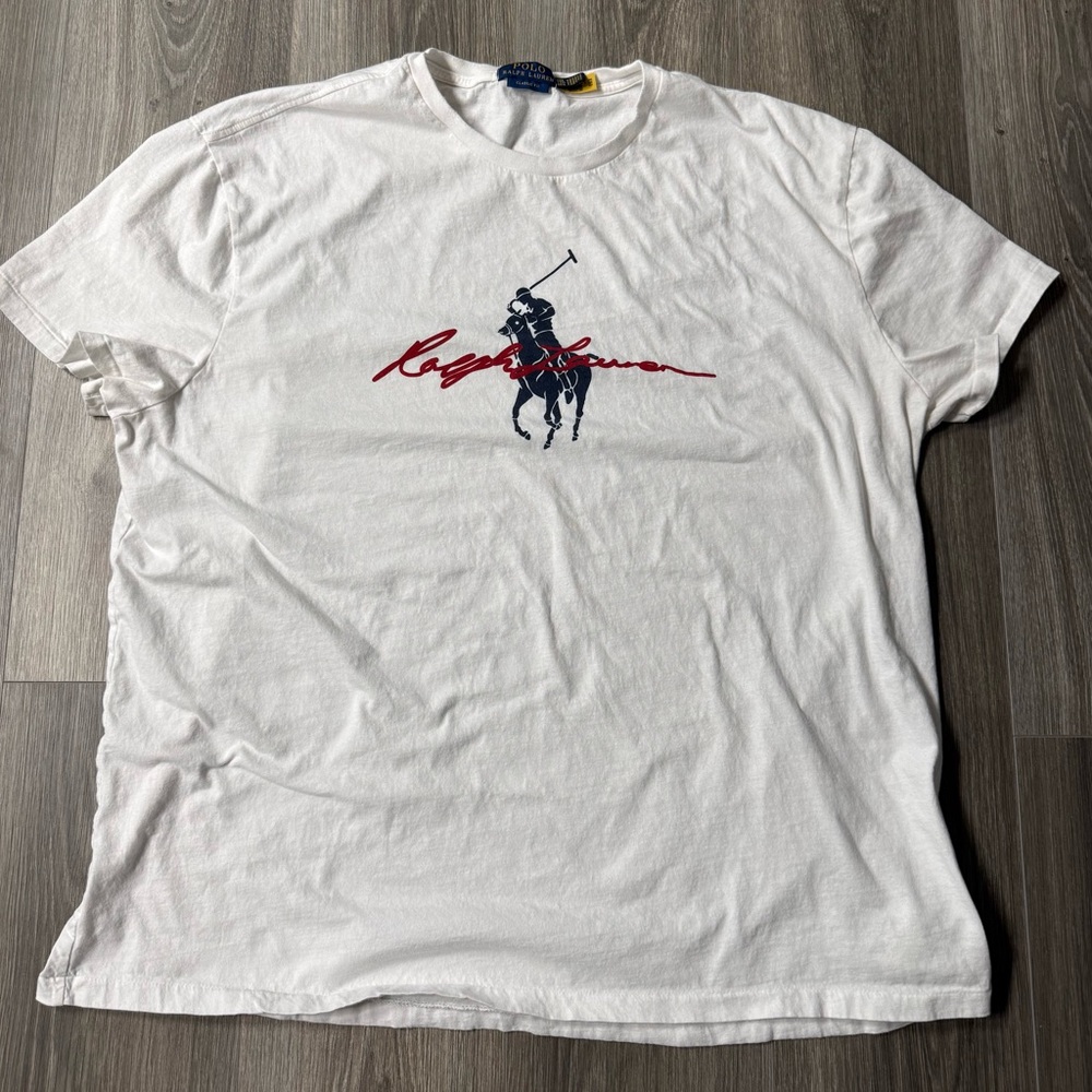 Polo by Ralph Lauren White Classic Fit Polo Player Graphic Tee Script Logo XXL